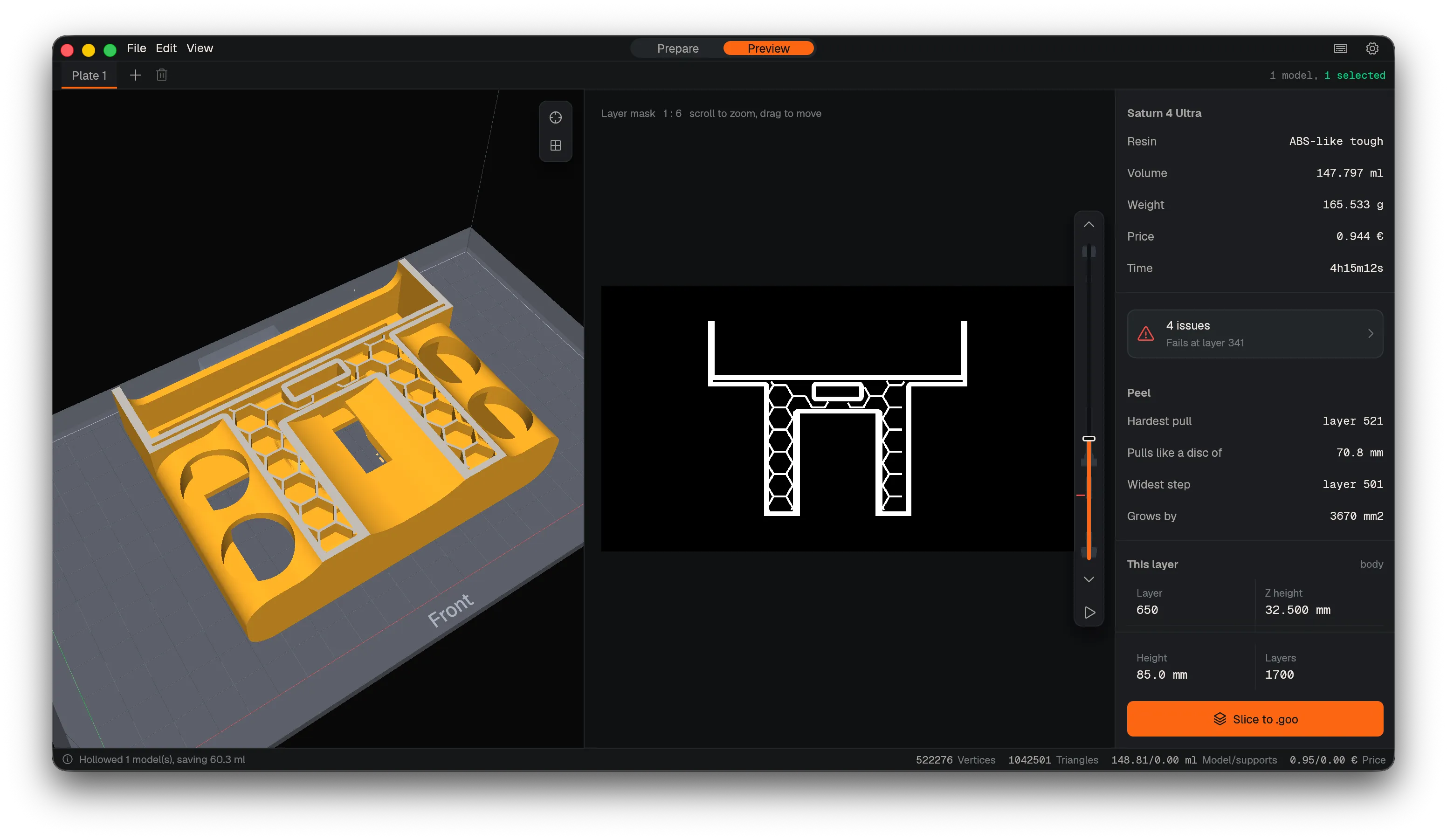 Encrust's Preview view: a dragon model beside its layer mask, the layer slider marked with 66 issues, and the resin volume, weight, price, print time and peel forces in the side panel.